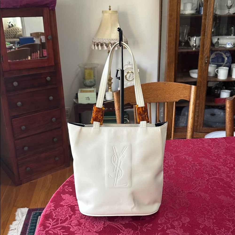 YSL Cream & Tortoise Shell Microfiber Shoulder Bag